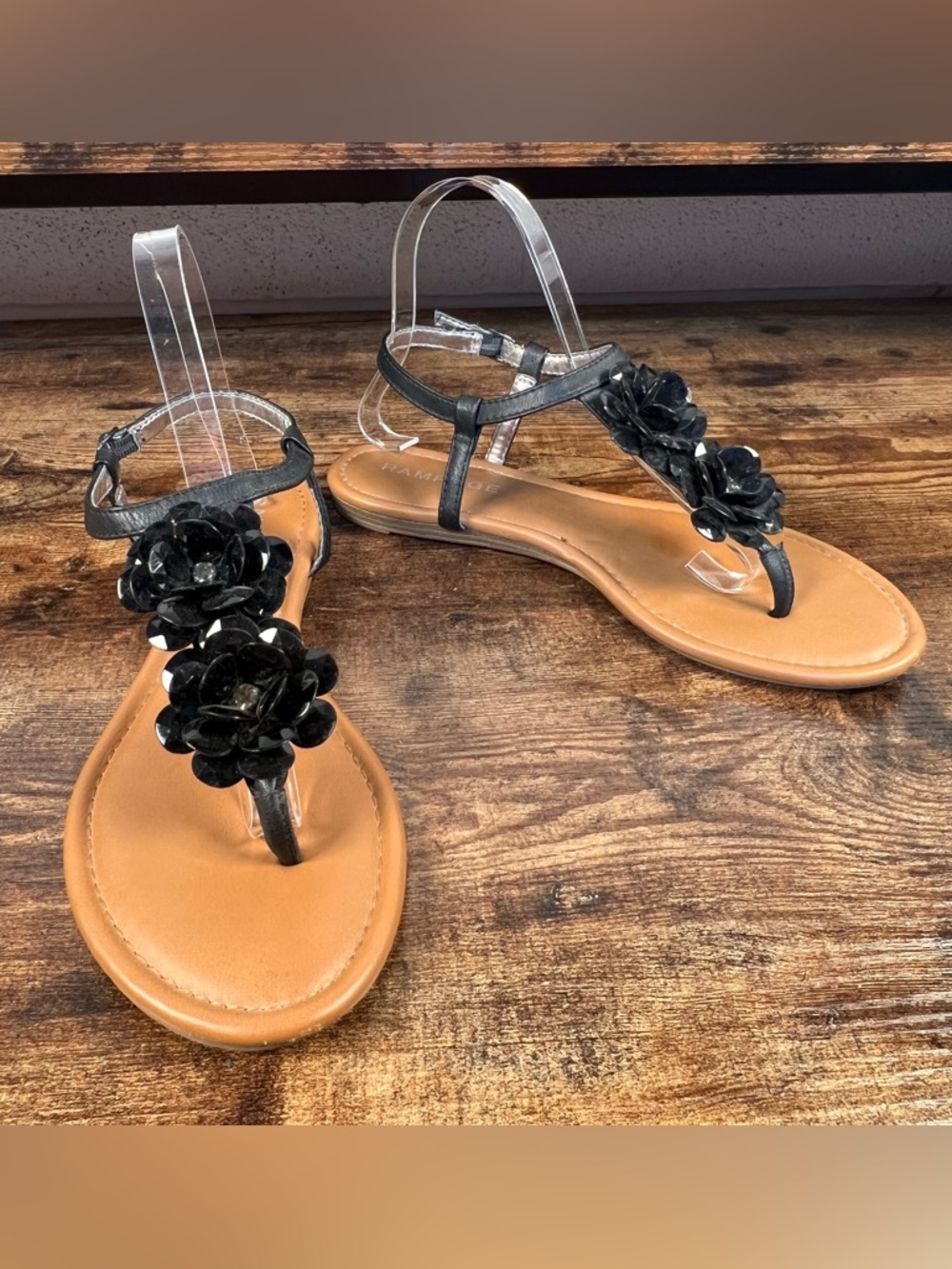 Rampage Sandals Floral Bead Flat Black Casual Summer women's see description